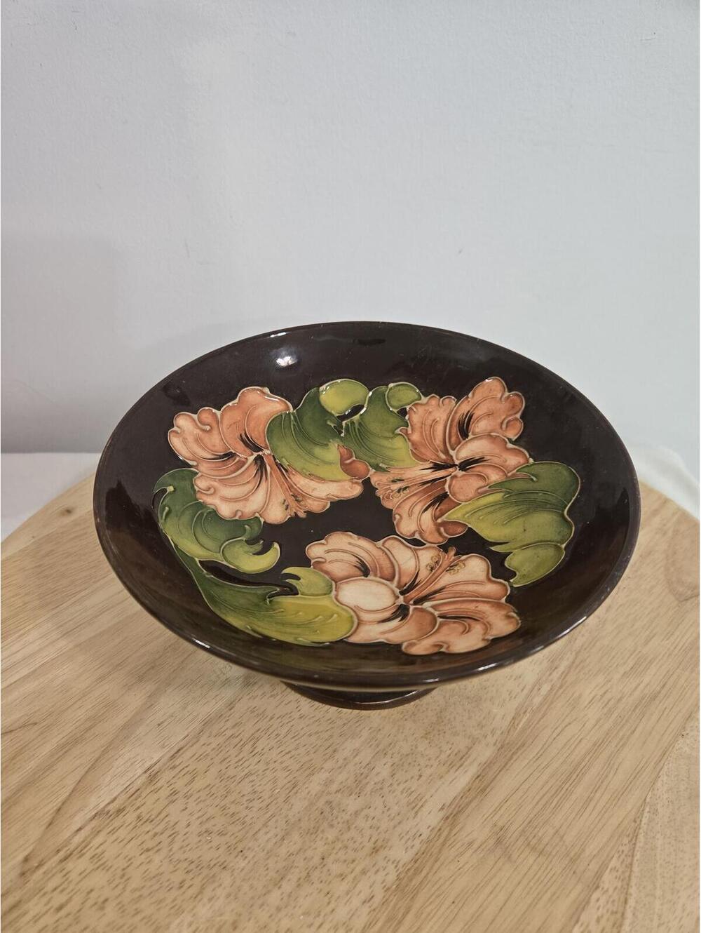 Moorcroft Hibiscus Pedestal Bowl Art Pottery Floral Compote England Vintage